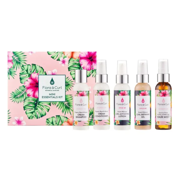 Flora & Curl Mini Essentials Kit | Plant-Powered Hair Care | Includes African Citrus Shampoo, Rose & Honey Conditioner, Hibiscus Gel, 65ml Each