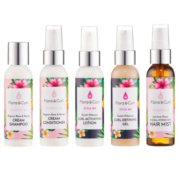 Flora & Curl Mini Essentials Kit | Plant-Powered Hair Care | Includes African Citrus Shampoo, Rose & Honey Conditioner, Hibiscus Gel, 65ml Each - Image 2