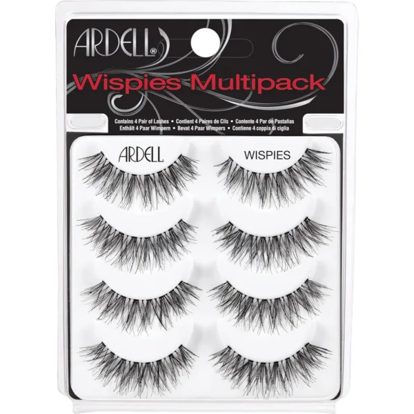Ardell Multipack Wispies False Eyelashes - Medium Volume, Long Length, Vegan Friendly, 4 Pairs (Pack of 1), Black