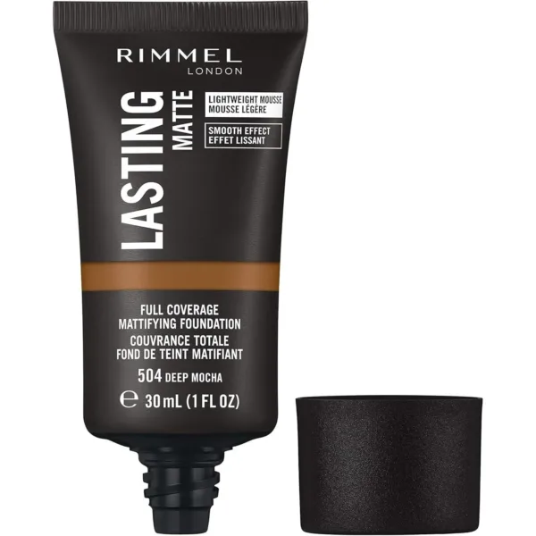 Rimmel Lasting Matte Full Coverage Lightweight Foundation 30ml - Deep Mocha, Shine Control, Cruelty-Free