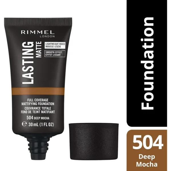 Rimmel Lasting Matte Full Coverage Lightweight Foundation 30ml - Deep Mocha, Shine Control, Cruelty-Free