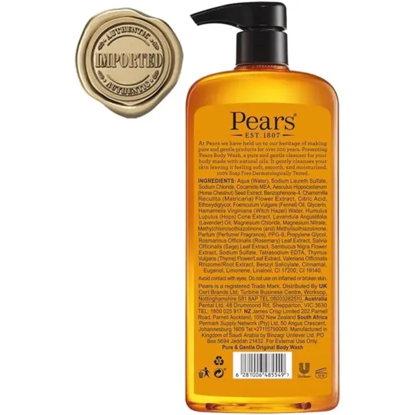 Pears Body Wash (750ml) Pure and Gentle Original | Made With Natural Oils and Soap Free | Nourishing Moisturisation and Natural Extracts
