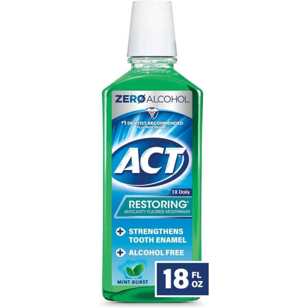 ACT Restoring Anticavity Fluoride Mouthwash | ACT | Fluoride, Cavity Prevention | Mint Burst, 18oz, Adult, Freshens Breath, Strengthens Enamel