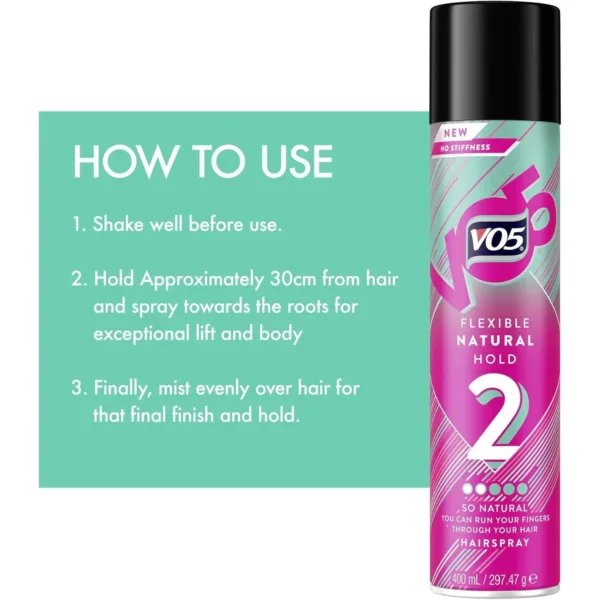 VO5 Flexible Hold Hair Spray | VO5 | Frizz Control, Flexible Hold | 400ml, Coconut Scent, All Hair Types, Lightweight, Natural Feel - Image 2