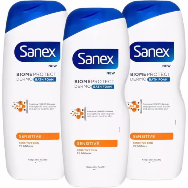 3 Pack | Sanex Biomeprotect Sensitive Bath Foam | 3 x 570ml | Moisturizing & Gentle Cleansing for Sensitive Skin