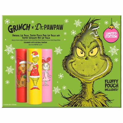 Dr.PAWPAW x The Grinch Lip Balm Gift Set 3 x 4g with Pouch, Original Peach Pink and Ultimate Red Balms, Pawpaw Infused Hydrating and Tinted Lip Care, Vegan Gift Set
